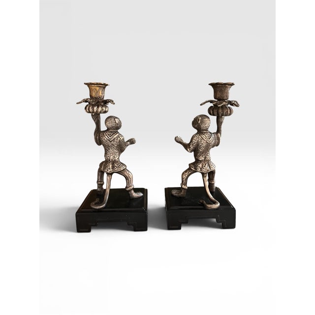 1980s Vintage Castilian Imports Silver-Tone Monkey Opera Candlesticks – Pair, India, 1980s For Sale - Image 5 of 8