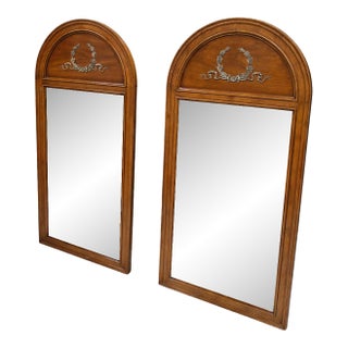 Pair of Vintage Henredon French Regency Louis XVI Style Walnut and Brass Arched Wall Mirrors. For Sale