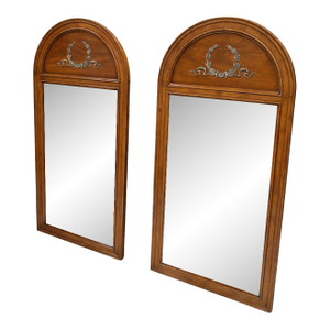Pair of Vintage Henredon French Regency Louis XVI Style Walnut and Brass Arched Wall Mirrors.