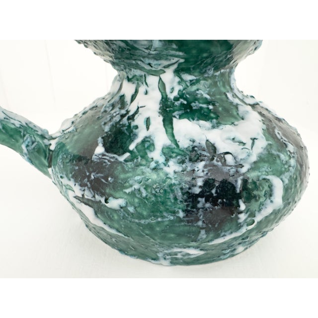 Vintage Sculptural Green Lava Glaze Ceramic Ewer With Scroll Handle For Sale - Image 9 of 18