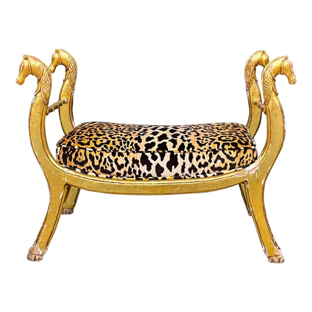 19th-C. Neo-Classical Maison Jansen Style Giltwood Bench / Ottoman in Leopard Velvet For Sale