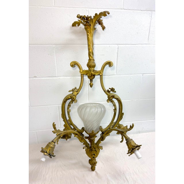 French Large Antique Ornate Louis XV Dore Bronze French Ceiling Chandelier Fixture For Sale - Image 3 of 15
