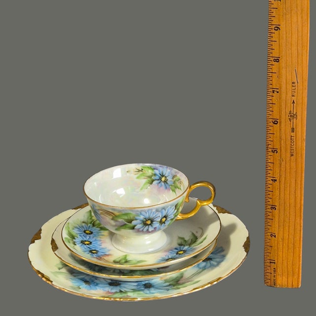 Blue Vintage r.c. Versailles Bavaria Painted Gilded Blue Floral Aster Porcelain 4piece Tea Set For Sale - Image 8 of 9