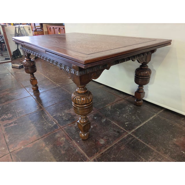 Wood Antique 1920s Rustic Spanish Jacobean Extra Large Dining Table 9 Feet Open For Sale - Image 7 of 12