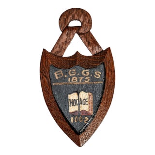 Charming English Miniature Antique Edwardian Hand Painted Carved Wood School Shield Plaque Preppy Academic Home Decor For Sale
