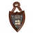 Charming English Miniature Antique Edwardian Hand Painted Carved Wood School Shield Plaque Preppy Academic Home Decor For Sale