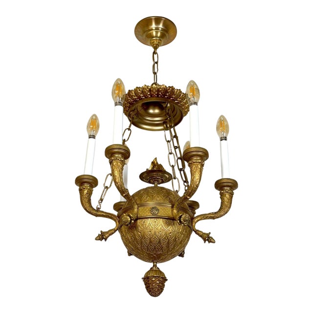 Antique Empire Bronze Ormolu Six Light Chandelier - Restored For Sale