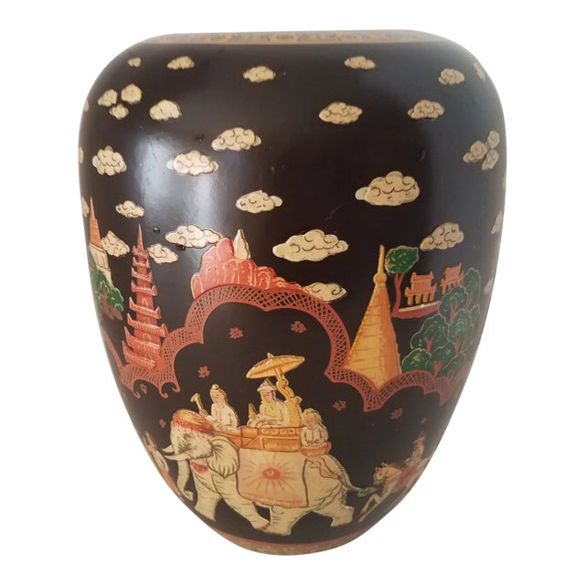 Vintage Chinoiserie Metal Hand Painted Black Lacquer Jardiniere For Sale
