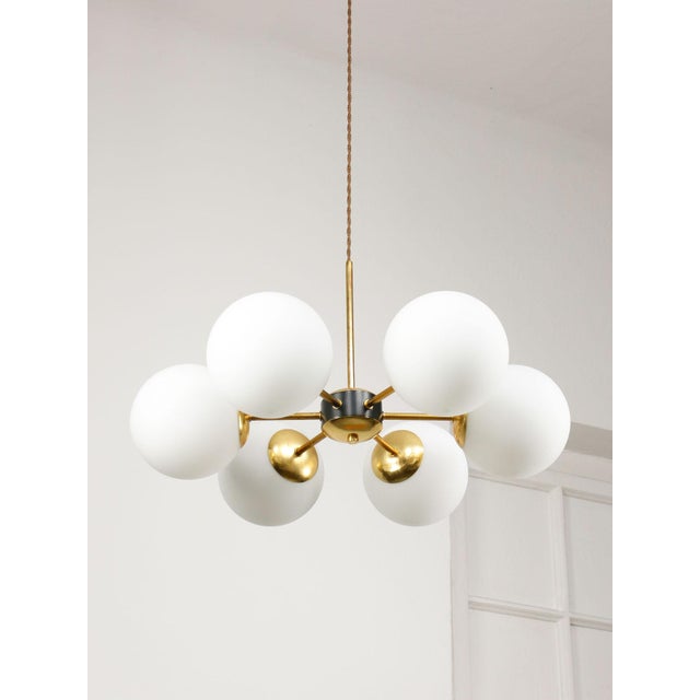 Vintage Italian Six-Arm Sputnik Chandelier with Opaline Shades For Sale - Image 15 of 18