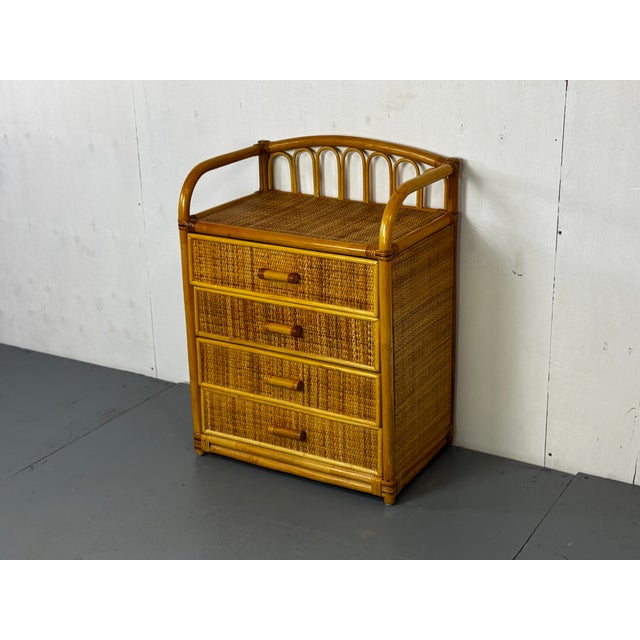 Vintage Small chest of drawers, bedside table. Rattan and Bamboo frame, with wicker drawers, top and sides, wooden...