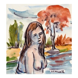 Vintage Mid 20th Century Nude Woman Swimming Painting For Sale