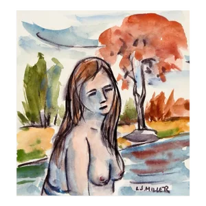 Vintage Mid 20th Century Nude Woman Swimming Painting