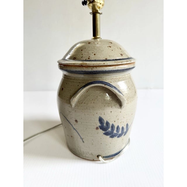 Vintage 1988 Signed Pottery Crock Table Lamp, Cobalt Blue Leaves & Details With Ear Handles For Sale - Image 11 of 18