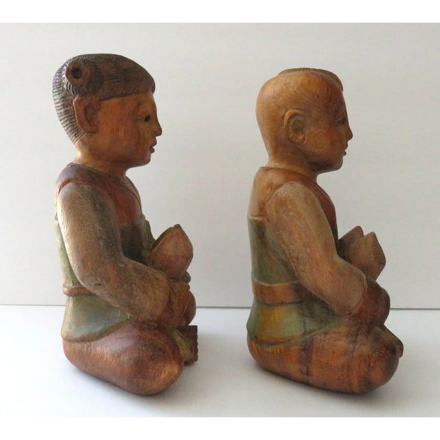 Asian Vintage Hand Carved Wooden Statues Boy Girl Asian Influenced Figures - Set of 2 For Sale - Image 3 of 10