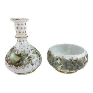 1940s Fenton Milk Glass Charleton Apples & Pears Cologne Bottle & Rose Bowl Vase