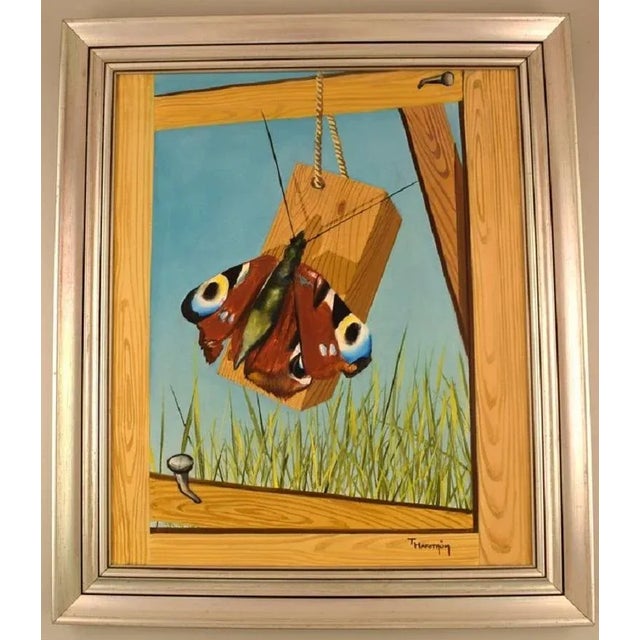 Thomas Hafström (b. 1954), Swedish artist. Oil on canvas. Butterfly on woodwork. Late 20th century. The canvas measures:...