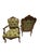 Wood Antique French Louis XV Style Carved Walnut Bergere Armchairs With Green and Gold Damask and Nailhead Details - Set of Two For Sale - Image 7 of 18