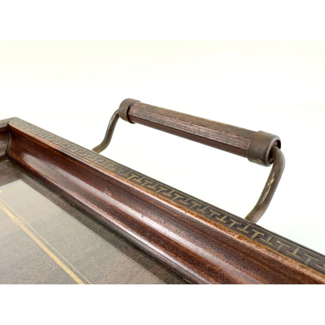 1960s English Regency Style Inlaid Mahogany Serving Tray With Greek Key Border and Wood & Brass Handles For Sale In Little Rock - Image 6 of 10
