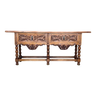 Early 20th Large Carved Walnut Console Table With Two Drawers For Sale