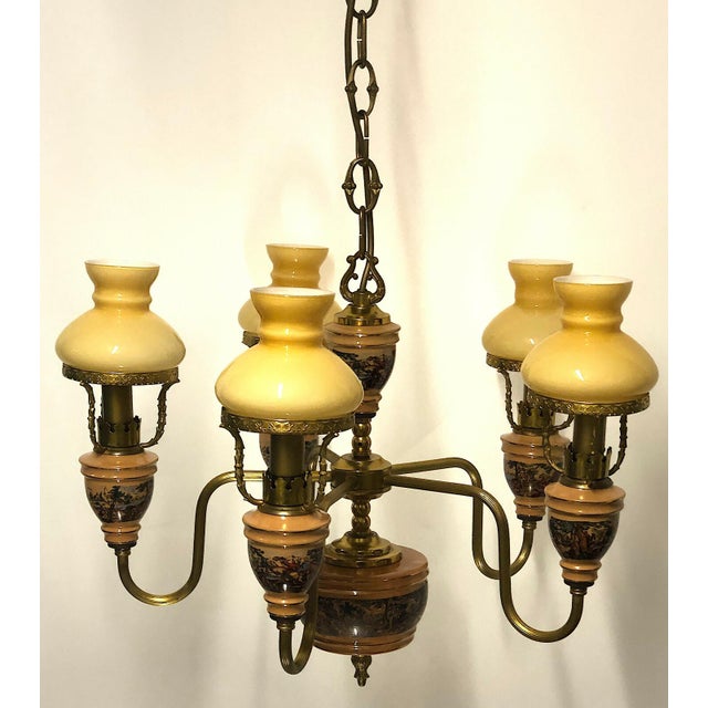 Antique Brass Ceramic Glass Five Lights Chandelier, 1930s For Sale - Image 9 of 9