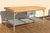 Authentic 1950s industrial butcher block workstation table featuring a substantial solid wood top mounted to a galvanized...