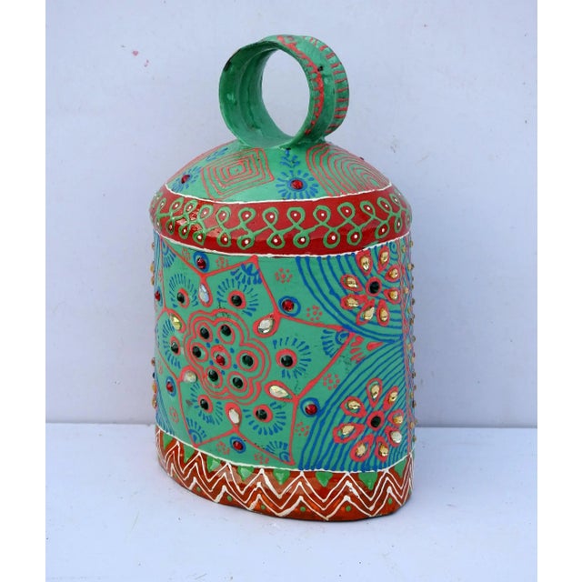 Arts & Crafts Vintage Swiss Cow Bell Metal Decorative Emboss Hand Painted For Sale - Image 3 of 4