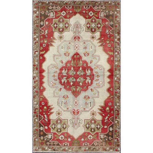 Red Layered Medallion Vintage Turkish Area Rug Oushak With Geometric Motifs For Sale - Image 8 of 8