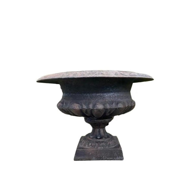 French Antique French Cast Iron Garden Urn Planter With Decorative Relief For Sale - Image 3 of 11