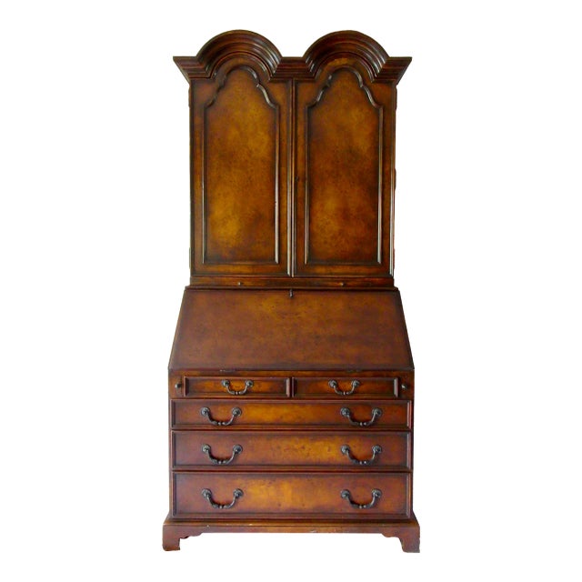 C1993 "Pierre Deux" Monumental Burl Wood Executive Secretary Desk With Leather Bound Details -2-Pieces For Sale