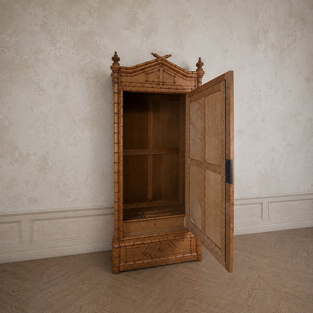 French Birds Eye Maple Faux Bamboo Mirrored Armoire, 1900 For Sale - Image 3 of 12