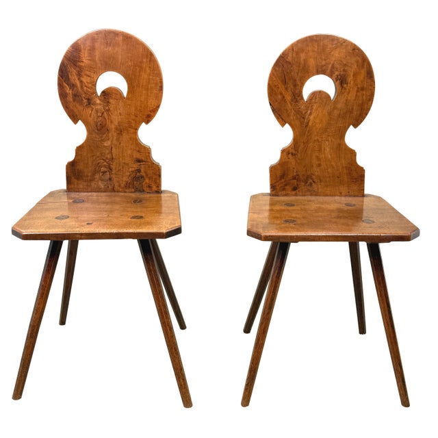 Swiss Folk Art Fruitwood Escabelle Hall Chairs, 1840, Set of 2 For Sale - Image 9 of 10