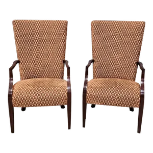 Mid 20th Century Pair of Kindel Mahogany New England Lolling Chairs Armchairs Cut Velvet Fabric