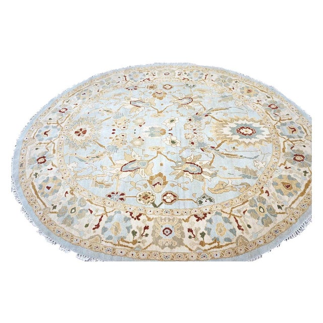 Afghan Sultanabad Wool 8x10 Light Blue, Ivory & Taupe Handmade Oval Area Rug #9902749 For Sale - Image 4 of 9