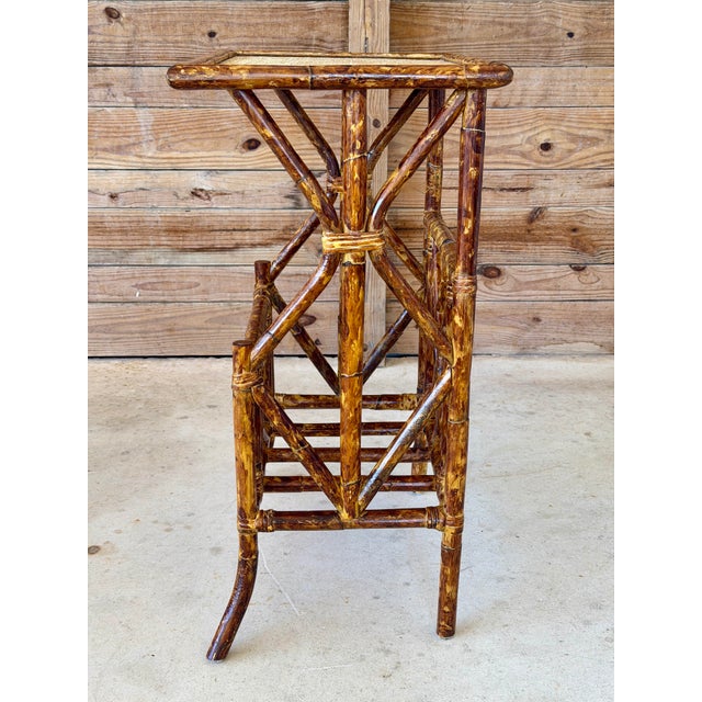 Contemporary Vintage Faux Bamboo Rattan Side Table With Grasscloth Top For Sale - Image 3 of 12