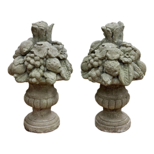 Vintage Concrete Garden Fruit Baskets Statues, a Pair