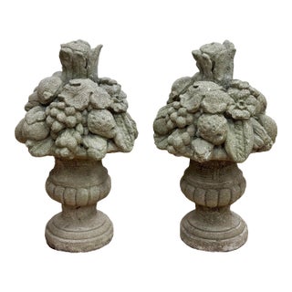 Vintage Concrete Garden Fruit Baskets Statues Urns, a Pair For Sale