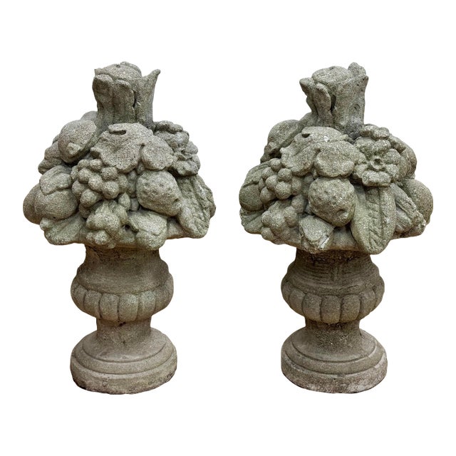 Vintage Concrete Garden Fruit Baskets Statues Urns, a Pair For Sale