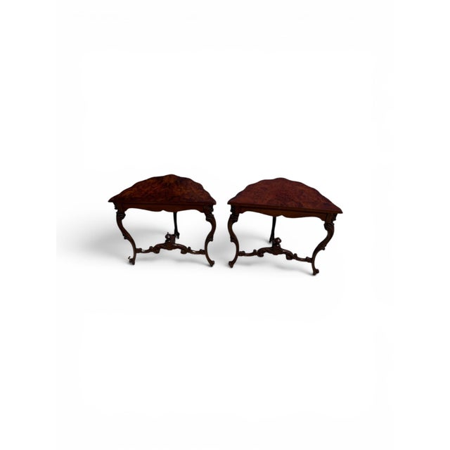 Rococo Pair of Antique Rococo Revival Carved Walnut Burl Veneer Half Round Moon Tables For Sale - Image 3 of 12