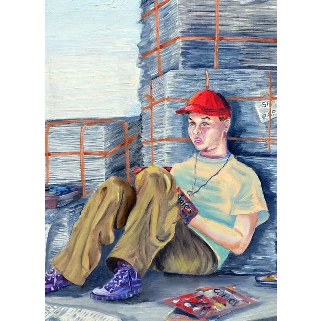 Mid 20th Century "The Paper Boy and His Comics" Figurative Oil Painting by Louise Miller Clark For Sale - Image 4 of 6