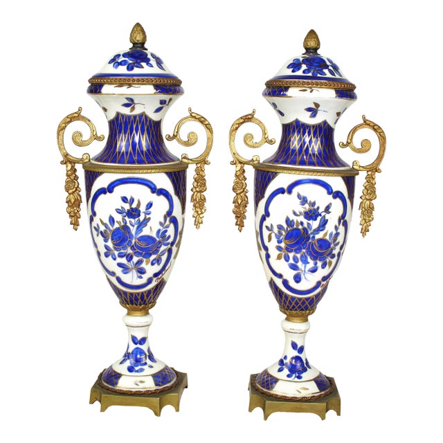 Antique FBS Sevres Style Blue Cobalt Porcelain and Gilt Vase Urn Luis XVI Style Hand Painted Made in France Paris- a Pair For Sale