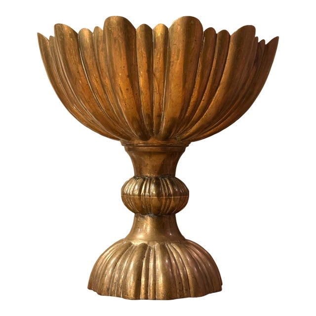 Large Vintage Scalloped Ribbed Brass Pedestal Compote Bowl For Sale