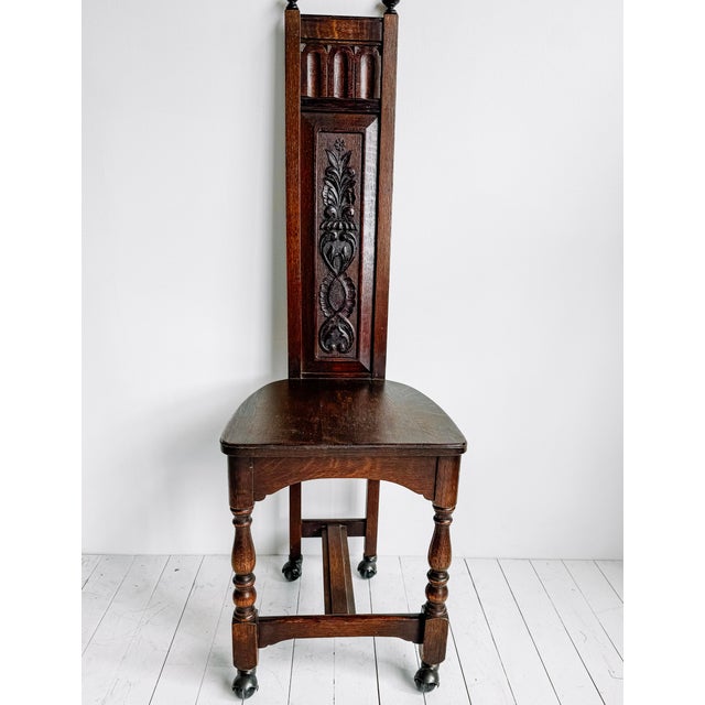 Gothic Vintage Gothic Revival Oak Hall Chair With Carved Back and Casters For Sale - Image 3 of 12