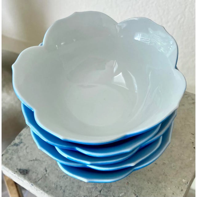 Ceramic Mid 20th-Century Lotus Porcelain Nesting Bowls in Sea Blue - Set of 5 For Sale - Image 7 of 13