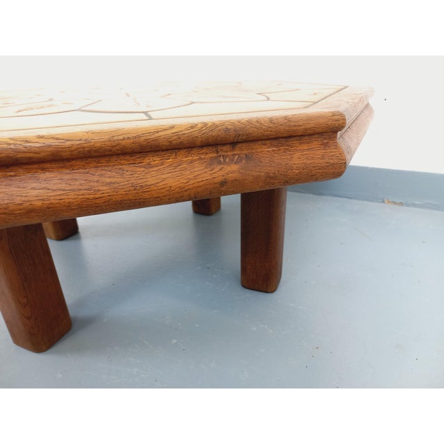 Wood Octagonal Oak Coffee Table from Barrois with Vallauris Ceramic Herbarium Top, 1960s For Sale - Image 7 of 17