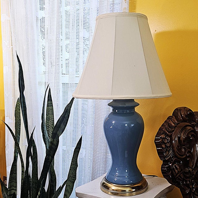 Vintage Blue Porcelain Urn Lamp With Brass Base - Hollywood Regency For Sale - Image 17 of 18