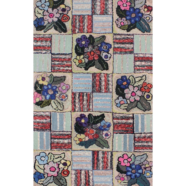 Checkerboard Vintage American Hooked Rug With Geometric and Floral Designs 3'1"x4'8" For Sale - Image 4 of 7