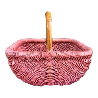 Vintage Dusty Rose Painted Wicker Gathering Basket With Bamboo Handle For Sale
