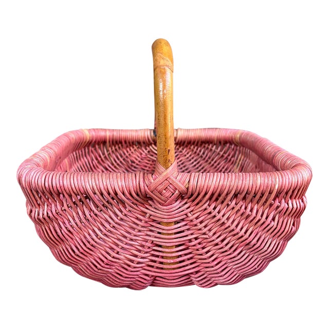 Vintage Dusty Rose Painted Wicker Gathering Basket With Bamboo Handle For Sale