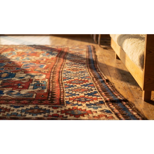 1880s Red Geometric Tribal Antique Caucasian Kazak Rug 4'7"x 6'6" Knotted Wool Carpet For Sale - Image 11 of 12