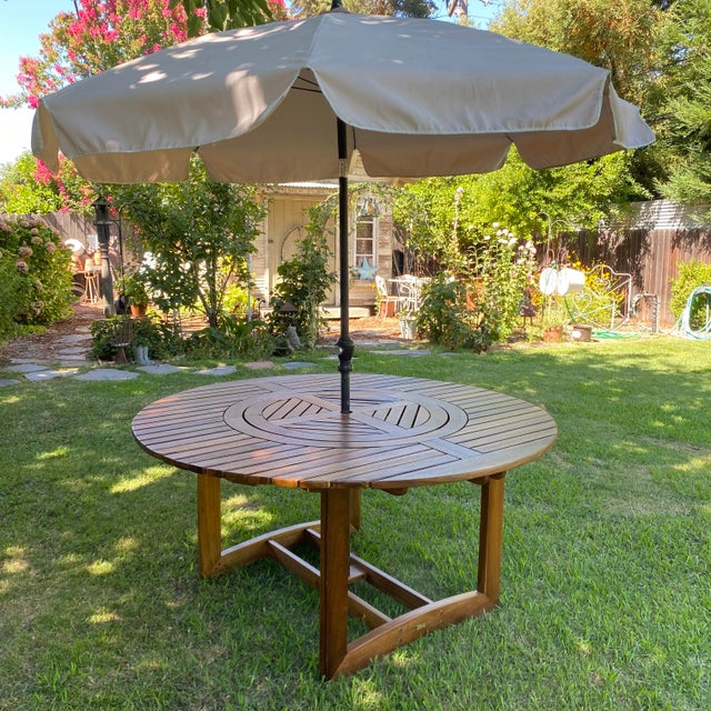 Outdoor Wood Table With Lazy Suzy Center - 63" Round For Sale - Image 16 of 18